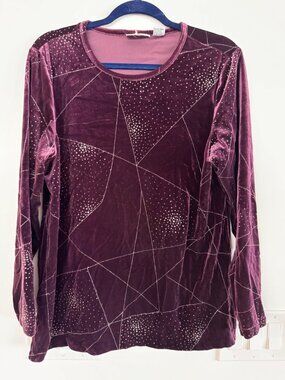 Alfred Dunner Womens Velvet Long-Sleeve Top Size 10 Burgundy Geometric Rhineston